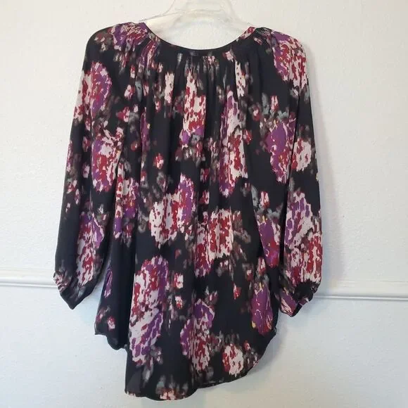 Daniel Rainn Top Long Sleeves Neckline‎ Tie Accent Chiffon Black Abstract Sz L - Picture 11 of 13